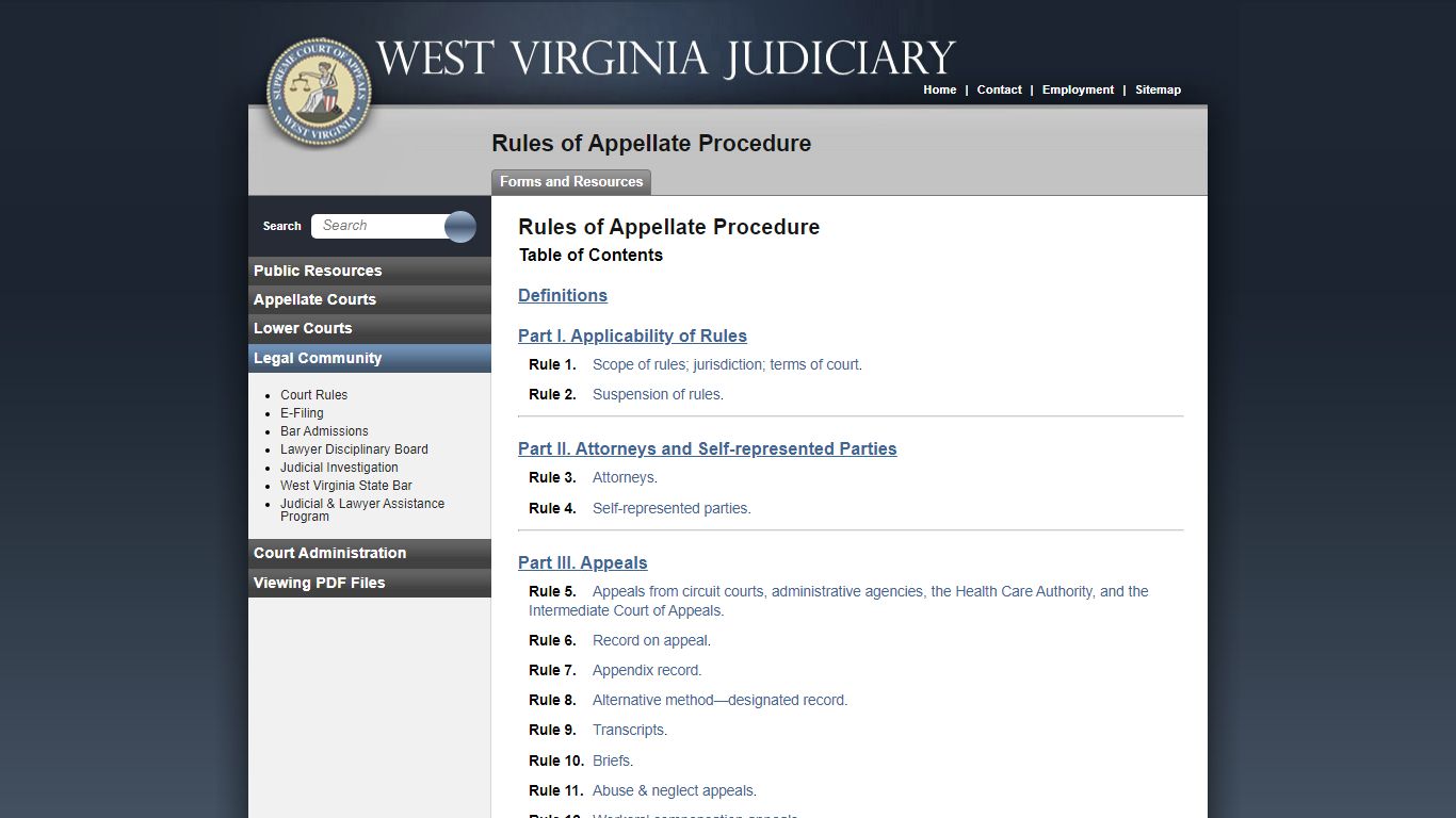 Rules of Appellate Procedure | Table of Contents - West Virginia Judiciary